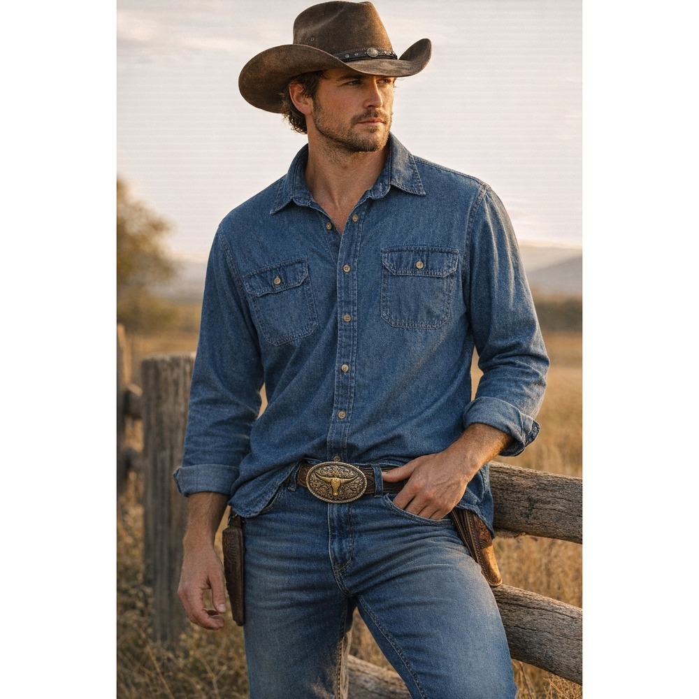 Western Rugged Wrangler Premium Quality Denim Button Shirt Men's XL Long Sleeve